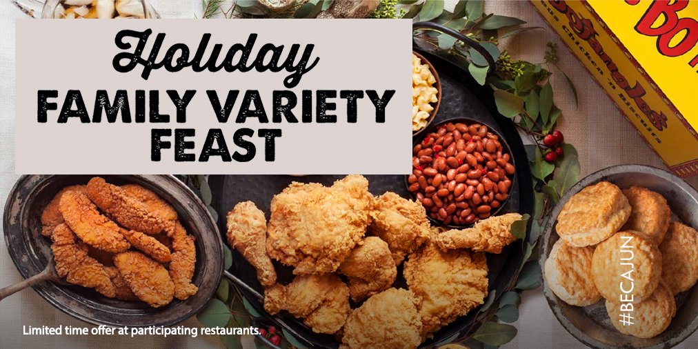 becajun's tweet photo. Gather around a Big Bo Box this holiday season! The Holiday Family Variety includes 8pc. Chicken, 12 Supremes or Homestyle Tenders, 8 Bisc, 3 Picnic Fixin’s, ½ Gal Tea. Feeds 8. #LetUsDoTheCooking #BoHoHo #ItsBoTime #BeCajun https://t.co/Camsi5kikf