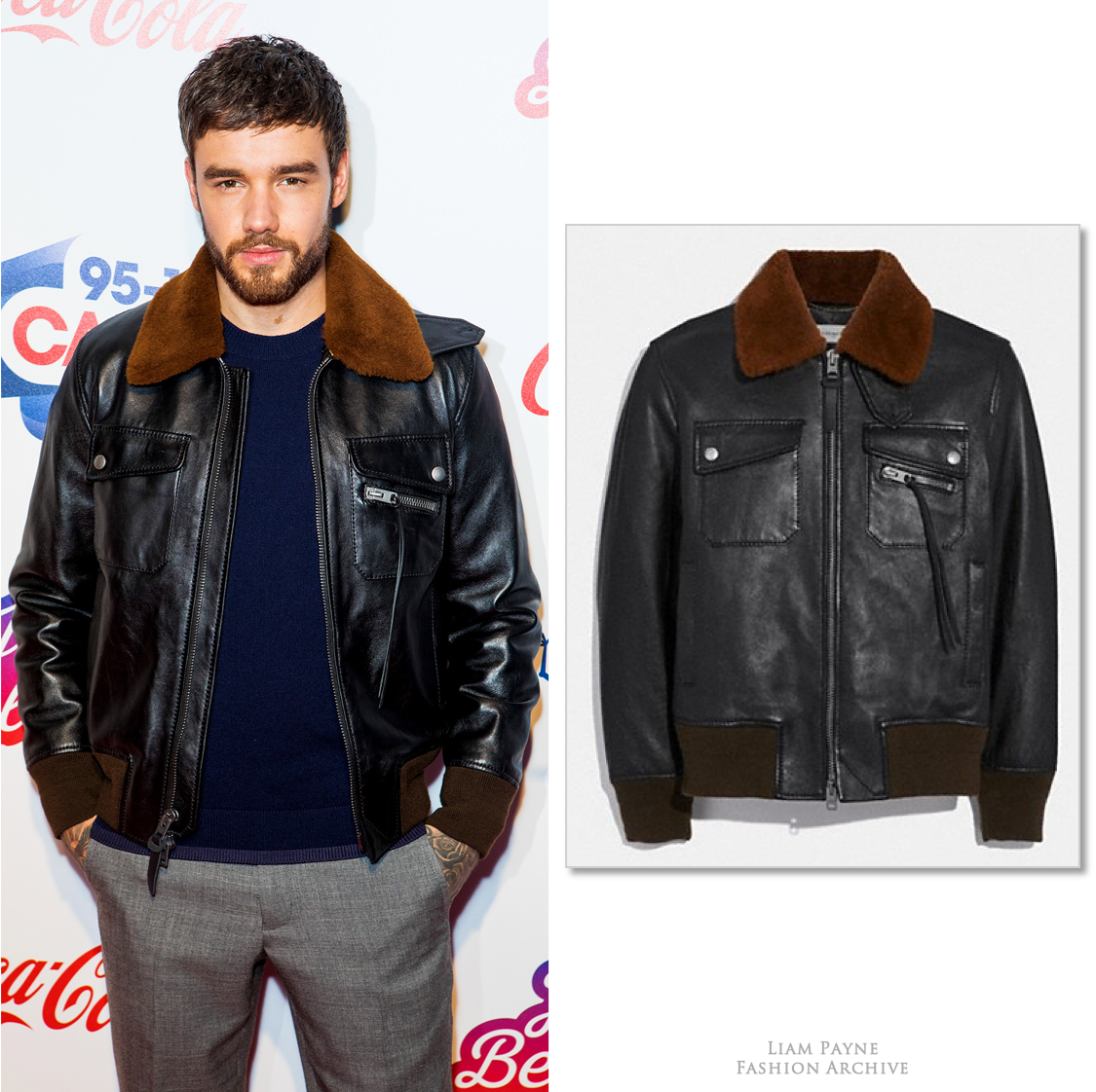 12/8/18 | Liam wore a <a href="/Coach/">Coach</a> bomber with shearling collar ($960) at the Capital Jingle Bell Ball.

coach.com/coach-bomber-w…