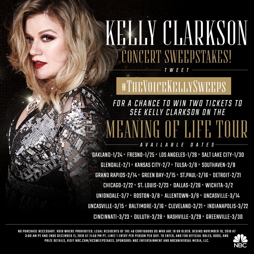 NBCTheVoice's tweet image. You KNOW you wanna see queen @kelly_clarkson in concert. Tweet #TheVoiceKellySweeps for YOUR chance! 👑

NoPurNec. 18+.
Rules: nbc.com/KCSweepstakes