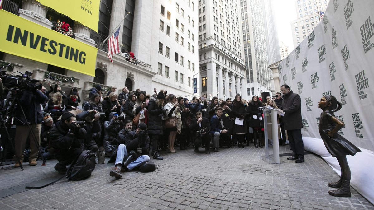 chicagotribune's tweet photo. The "Fearless Girl" statue has a new permanent home in front of the New York Stock Exchange: https://t.co/ef5yMydVKP https://t.co/E9W3N8Bhsq