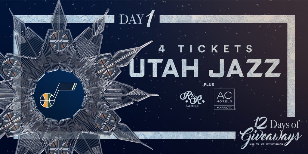 DAY 1: We are kicking off our 12 Days with 4 lower bowl tickets to the <a href="/utahjazz/">Utah Jazz</a> Christmas Day game! 🎄🎅
PLUS a one-night stay at AC Hotel SLC Downtown 
AND $80 for dinner at <a href="/RandRBBQ/">R&R BBQ</a> in the arena.
To enter:
1⃣Follow @vivintarena
2⃣RT
3⃣Tag a friend
*Winner DM'd tomorrow 9am