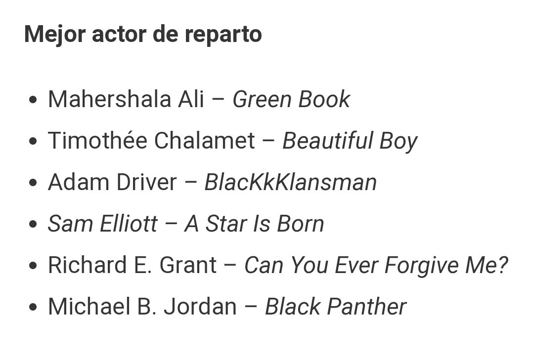 BenditoSpoiler's tweet photo. Nominados a Mejor Actor de Reparto #CriticsChoice: #BeutifulBoy #BlackPanther #Marvel #AvengersEndgame #AStarisBorn #AdamDriver #StarWars https://t.co/xiijVfyyHW