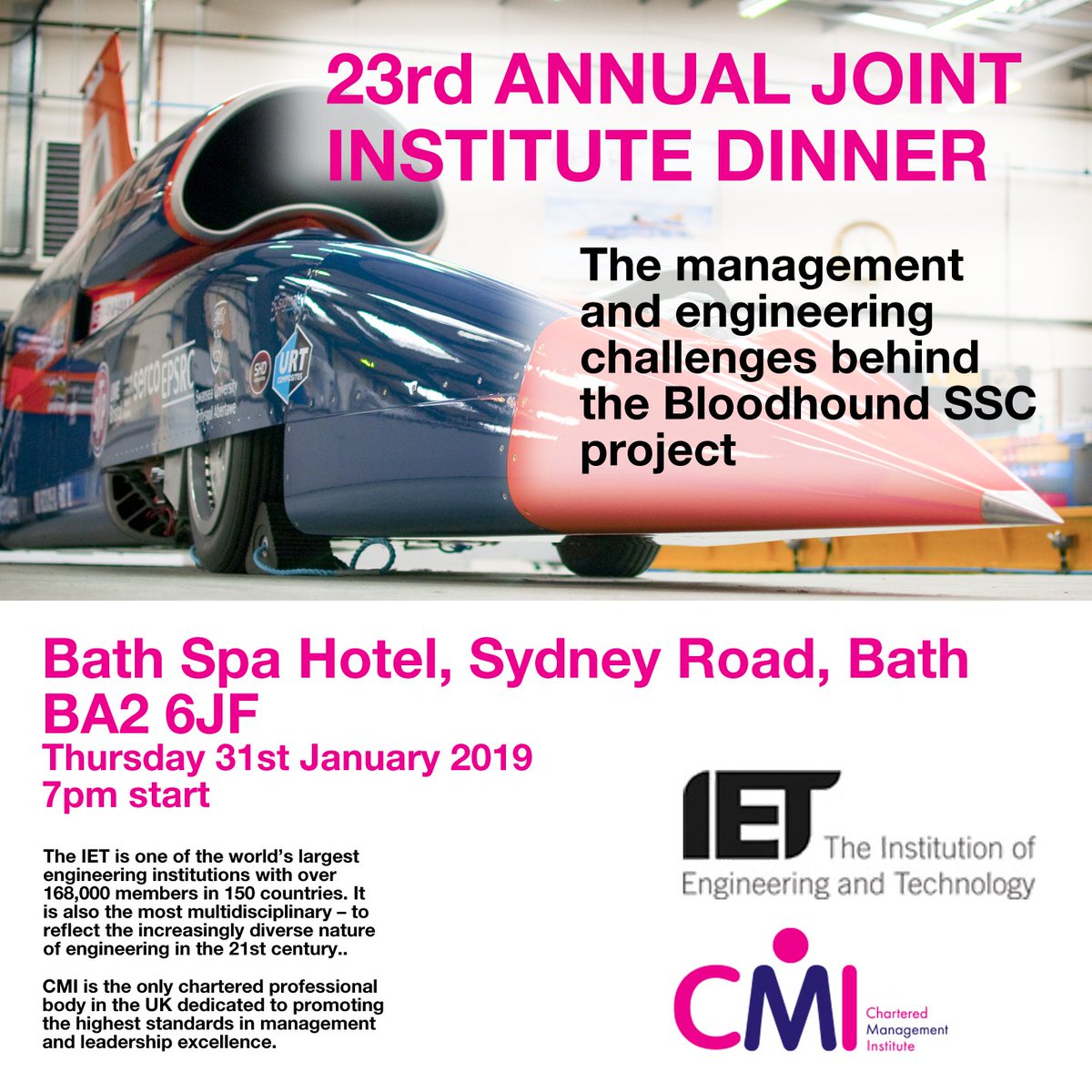 Join us for the 23rd <a href="/CMISouthWest/">CMI South West</a> and <a href="/TheIET/">The Institution of Engineering and Technology</a> Joint Annual Dinner. This year’s event focuses on the #engineering and #management challenges behind #Bloodhound, the 1000mph record attempt car. For bookings go to ow.ly/wHtO30mIrlD 
#bath #cmi #events #stem #MathsInAction