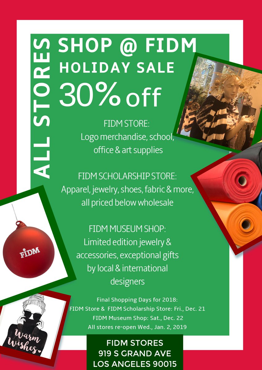 FIDMMuseumShop's tweet photo. Starting TODAY! Holiday Sale - Save 30% at all 3 FIDM Stores: #FIDMSTORE #FIDMSCHOLARSHIPSTORE #FIDMMuseumShop in #dtla @FIDM @FIDMMuseum https://t.co/tp3OsXeeCQ