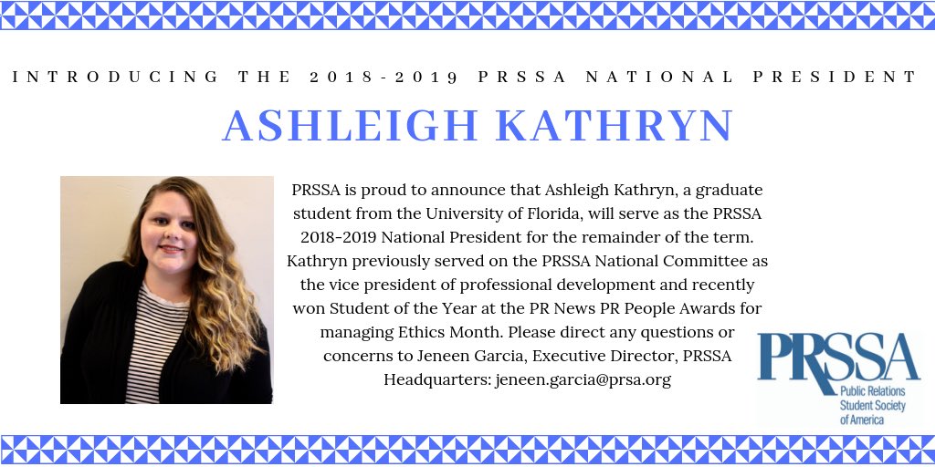 Congratulations to our new 2018-2019 PRSSA National President <a href="/Ashleigh_K_W/">Ashleigh Kathryn ⚡️⚡️</a> ☺️🎉