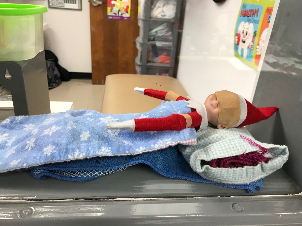 DonnellyGWAEA's tweet photo. Champ, our Elf on the Shelf, had a fall. Luckily he is now resting comfortably in the nurses office. #PrincipalFail #HappyMonday https://t.co/JCu7yVLwi6