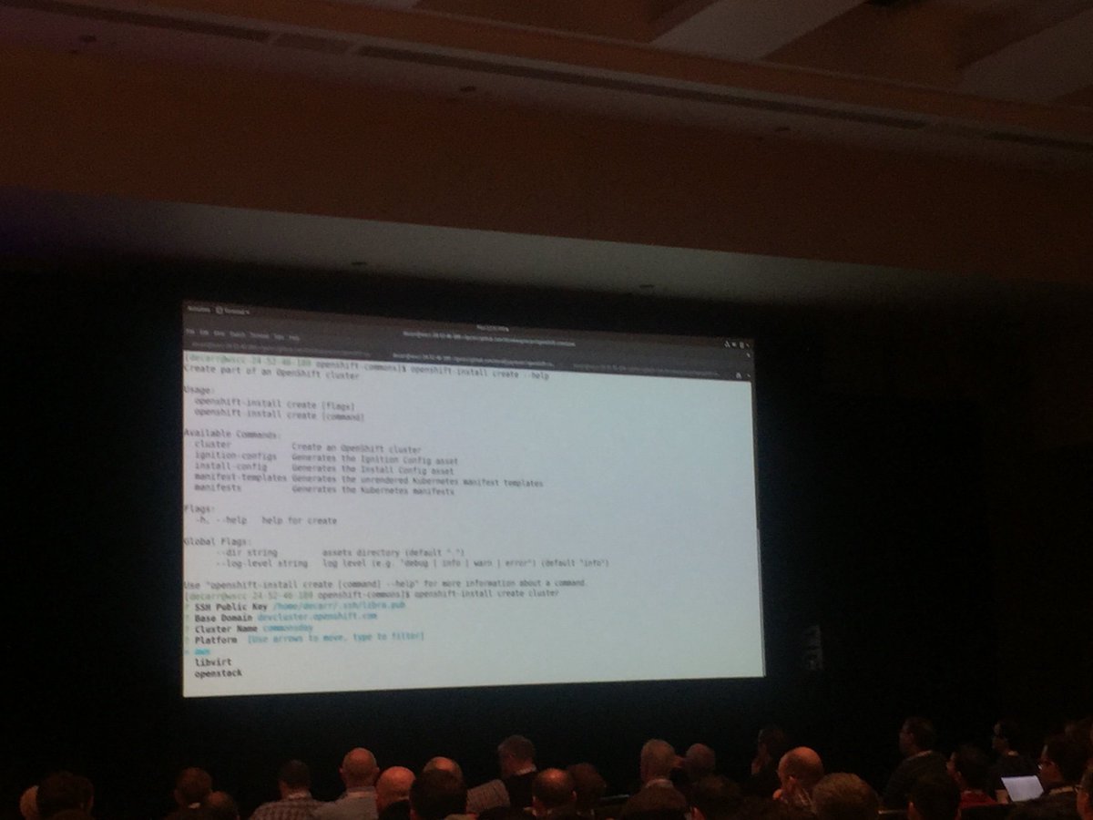 JenInnovate's tweet image. #OpenShift4 live demo at @openshift Commons Gathering. Installing a cluster. @redhat @RedHatCloud @RedHatEvents @redhatopen #RedHat #KubeCon