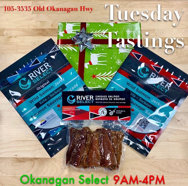 Tasting Tuesdays!  Be our guest &amp; sample our delicious Wild Candied Salmon and Wild Salmon Jerky (original or spicy).
Location:
105-3535 Old Okanagan Hwy
From 9am-4pm
.
.
.
.
#candiedsalmon #wildsamonjerky #bcbuylocal #firstantions #bcfisheries #tuesdaytastings #oceanwiselife