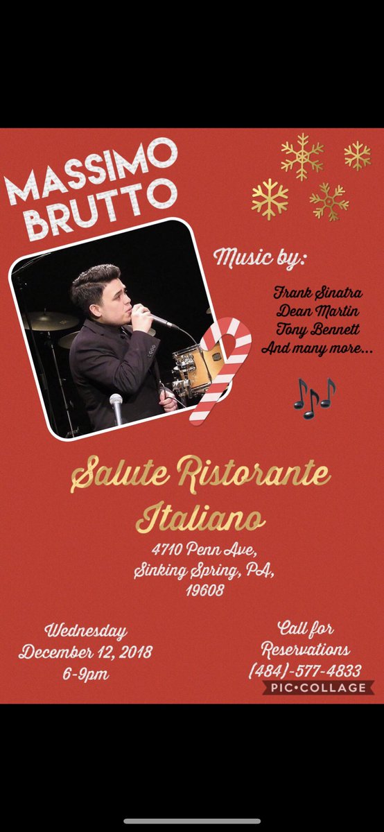 MassimoBrutto's tweet photo. Come join me this Wednesday, December 12 at Salute Ristorante Italiano for a night of great food, drinks, and most importantly great music! For reservations call (484)-577-4833
Hope to see you there!! https://t.co/VT0ukeXMdl