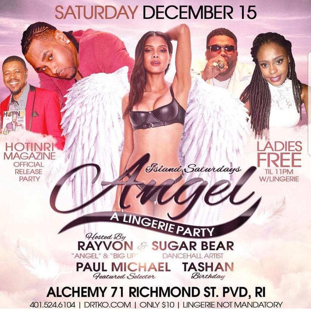 PlatinumNetwk's tweet photo. #ringthealarm🚨 RAYVON and SUGAR BEAR will be carrying the #boommode vibes to Alchemy on SAT., DECEMBER 15.....  as hosts of the Angel Lingerie Party, 71 Richmond Street in Providence, RI.LADIES FREE BEFORE 11PM WITH LINGERIE 🔥@sugarbearmusic 
@1rayvon  #providencenightlife https://t.co/7mydPYvlG6