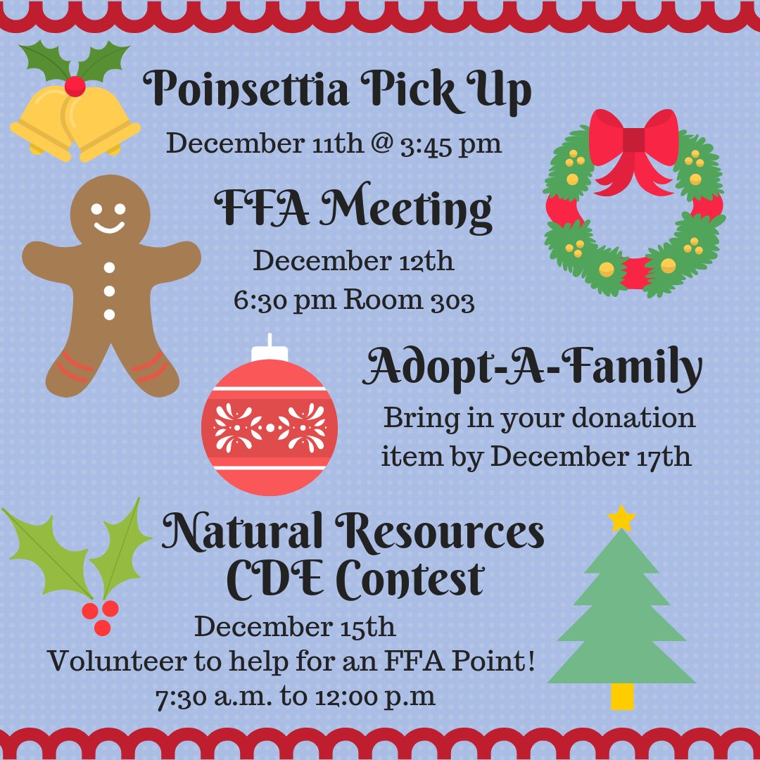 Here’s a look at what’s happening this week! Don’t forget to check out the promo video on our YouTube channel for the FFA Meeting on Wednesday!