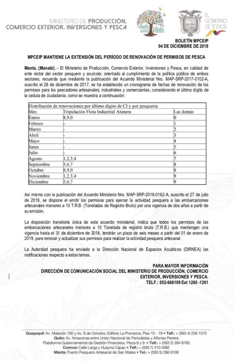 Pensando en contribuir y mejorar la regulación de la actividad pesquera se recuerda que el <a href="/MinAcuaPescaEc/">Min.AcuaculturaPesca</a> dará cumplimiento a los acuerdos MAP-SRP-2017-0102-A y MAP-SRP-2018-0162-A sobre los procesos de renovación de los permisos de pescadores y embarcaciones artesanales.