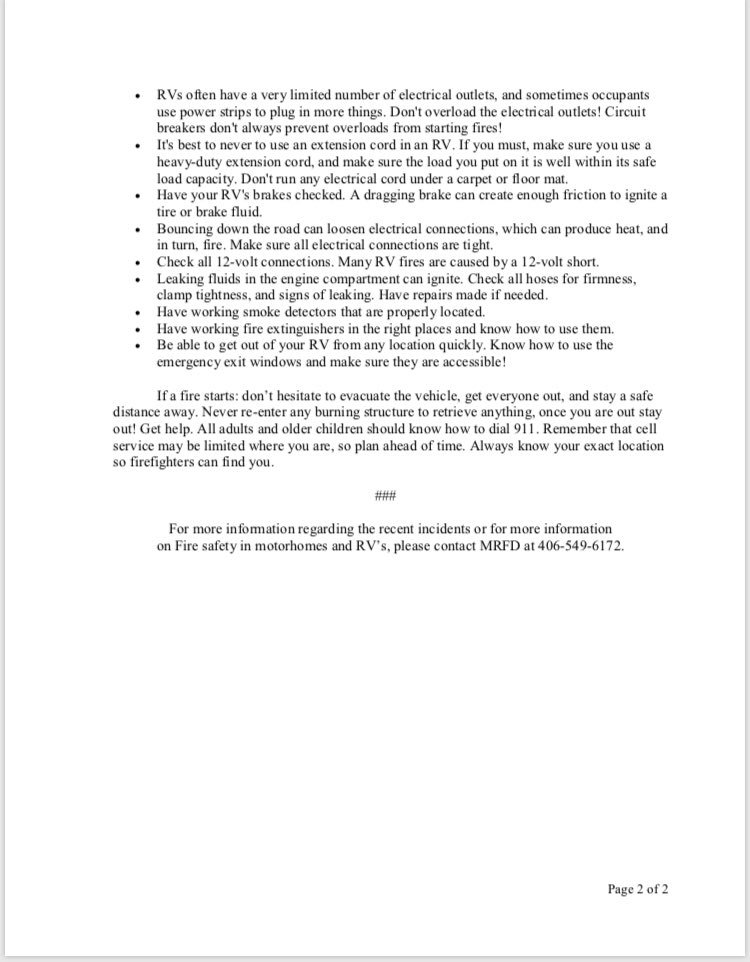 Missoula Rural Fire District has experienced a surge of motorhome and RV fires in the last couple of months. We offer the following safety tips with the hope of changing this trend and keeping our community safe.