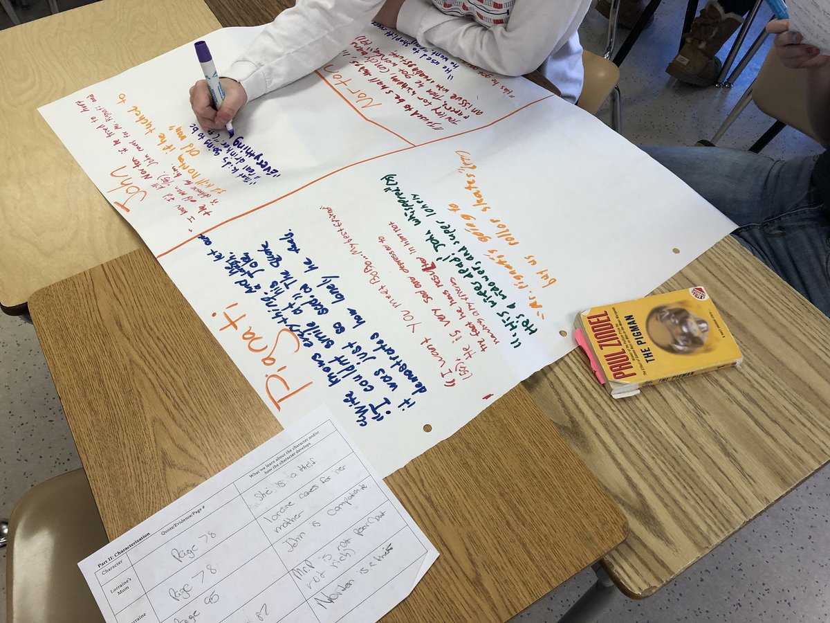 CandaceMcCaffr9's tweet image. What to do when the internet goes down? Go old school with chart paper and markers! Students review theme and character growth for The Pigman. #teachingliterature #englishclass #eighthgrade