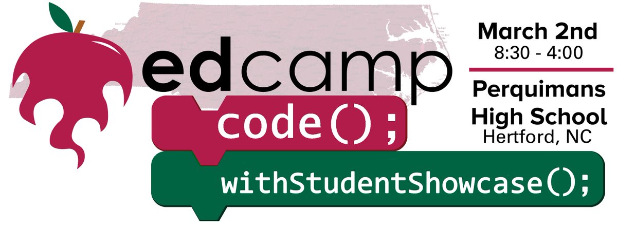 samandjt's tweet image. Our next #edcampCode event will take place on 3/2/19 from 8:30 – 4:00 at Perquimans HS in Hertford, NC. As a twist, we are adding a student showcase to the afternoon to help see the opportunities for classrooms and students. cc @FridayInstitute go.ncsu.edu/edcampCode