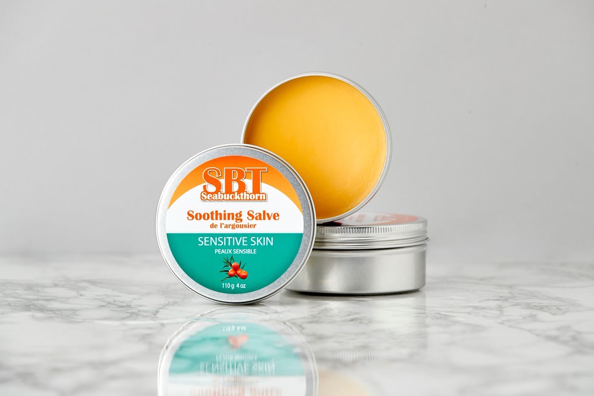 Our Sensitive Skin Salve repairs dry, cracked, chapped, sore, itchy, and irriated skin with natural healing oils of seabuckthorn, rosehip, pomegranate, geranium, &amp; more. 100% natural, vegan, &amp; cruelty free. Learn more &amp; save 25% @ sbtseabuckthorn.com #skincare #dryskin #vegan