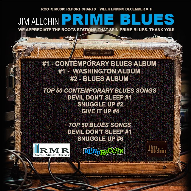 Another great week for Prime Blues by <a href="/jimallchin/">Jim Allchin</a> which continues to chart on the venerable <a href="/rootsmusreport/">Roots Music Report</a> w/the #1 #ContemporaryBlues Album, #1 Washington Album &amp; #2 Blues Album, 3 songs in Top 5 out of 50 Contemporary Blues Songs &amp; 2 songs in Top 6 of Top 50 Blues Songs! 🔥🎶