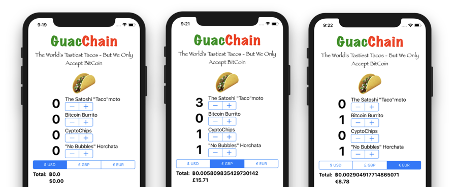 gallaugher's tweet photo. Bitcoin & Burritos? BC alum @JanelleNanos made me laugh-out-loud w/her aspirations to start "GuacChain", so the #BCSwift final exam had students build an app for this bitcoin-only restaurant serving the Satoshi "Taco"moto. BTC price pulled via API call. https://t.co/g2ohMzMIfU