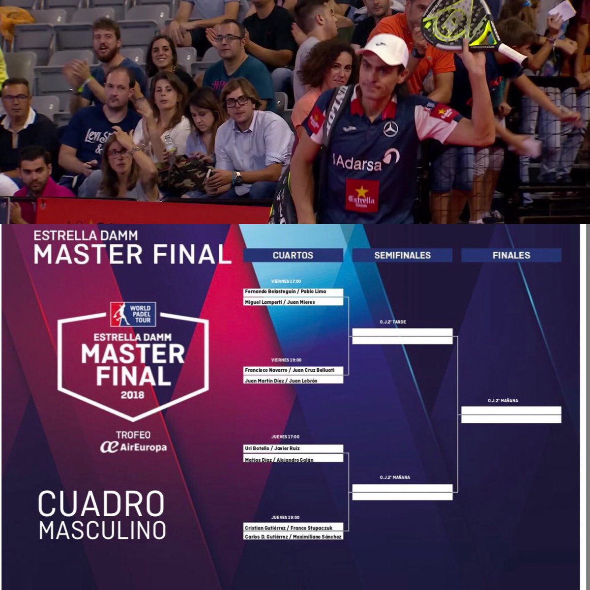JuaniMieres's tweet photo. Debutamos el viernes 17 hs en el #madridarena vs Bela-Lima en el #wptmasterfinal del @WorldPadelTour .
A darlo todo en el último y mas bonito torneo del año.
#madrid #arena #masterpadel #sisepuede #bepositive✌ https://t.co/NwjyDIn6rU