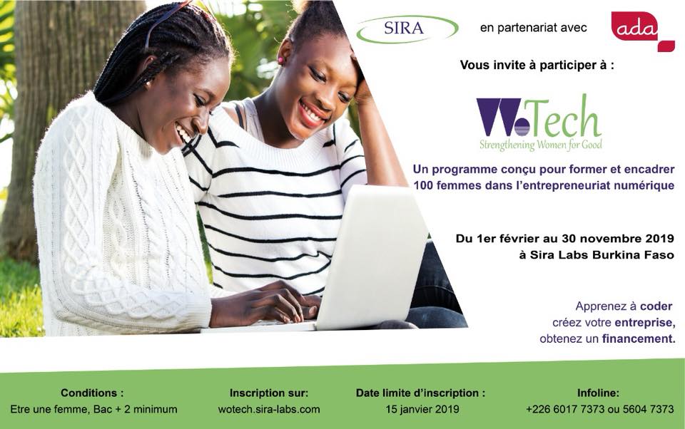 ChantalNare's tweet photo. Sira Labs en partenariat avec Ada met en œuvre un programme de formation de 100 femmes en Entrepreneuriat numérique. #WoTech. Hâtez vs de vs inscrire jusqu’au 15 janvier 2019 sur https://t.co/5IOCzs5uB4 pr faire partir de 100 futures femmes entrepreneurEs numériques du #Burkina https://t.co/ALCYiwg40z