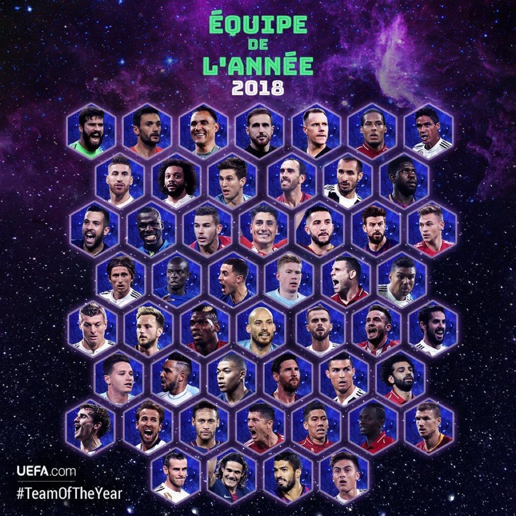 L'UEFA a dévoilé la liste des 50 nominés pour le onze type de l'année 2018.
Une liste dans laquelle on trouve 9 madrilènes : Sergio #Ramos, #Varane, #Marcelo, Dani #Carvajal, #Casemiro, Toni #Kroos, Luka #Modric, #Isco et Gareth #Bale
A vous de votez 😉