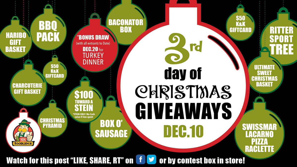 kkfoodliner's tweet photo. DAY 3 ~ 12 DAYS OF CHRISTMAS GIVEAWAYS (Dec.10)
ReTweet this post to enter for a chance to pick an ornament containing your prize (you will be required to come into the store).

BONUS DRAW ~ Dec.20 for Turkey Dinner. (All contest entrants to date will be entered to win!) https://t.co/zynGaLh89u
