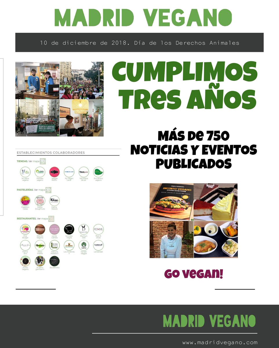 madrid_vegano's tweet photo. đŁ Hoy #DĂaDerechosAnimales cumplimos tres años de vida đ
đș ÂĄMuchas gracias por leernos, apoyarnos y seguirnos en las RRSS! đșComenzamos nuestro cuarto año con mucha energĂa e ilusiĂłn por seguir ayudando âč https://t.co/r5o5Q0Xo8P đ #Madrid #Vegan #DIDA2018 đȘđ https://t.co/rGLYGGL8DG