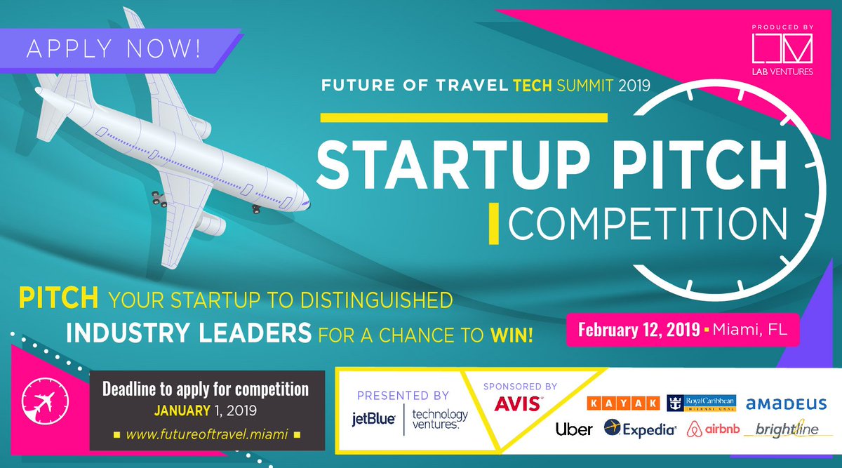 tigre_wenrich's tweet photo. Calling all Travel Tech StartUps.   Apply to present at the second annual Future of Travel Tech Summit this February and meet JetBlue Ventures, Amadeus, Visa, Expedia, and many other leading travel brand executives.   Sign up here: https://t.co/7Vq2tPBq3T https://t.co/Scb1woYvz0