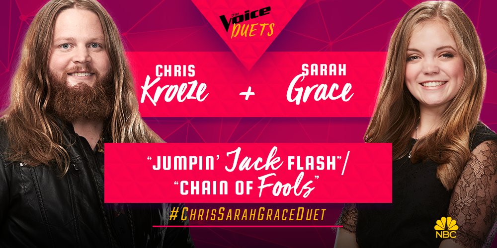 NBCTheVoice's tweet image. RETWEET to vote for @iamchriskroeze and @sgandthesoul’s duet of “Jumpin’ Jack Flash / Chain Of Fools!” #ChrisSarahGraceDuet