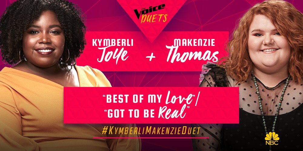 NBCTheVoice's tweet image. RETWEET to vote for @KymberliJoye and @itsMaKenzieT’s duet of “Best of My Love / Got to Be Real!” #KymberliMaKenzieDuet