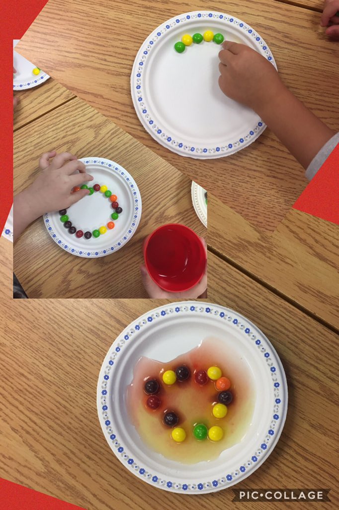 Laura_Mathers4's tweet photo. Ask about the skittles experiment. What happened when we added water? Ss made circles and patterns with the skittles first. Then added water and made observations. #inquiryfun #Scientists https://t.co/6MVNlvwTli