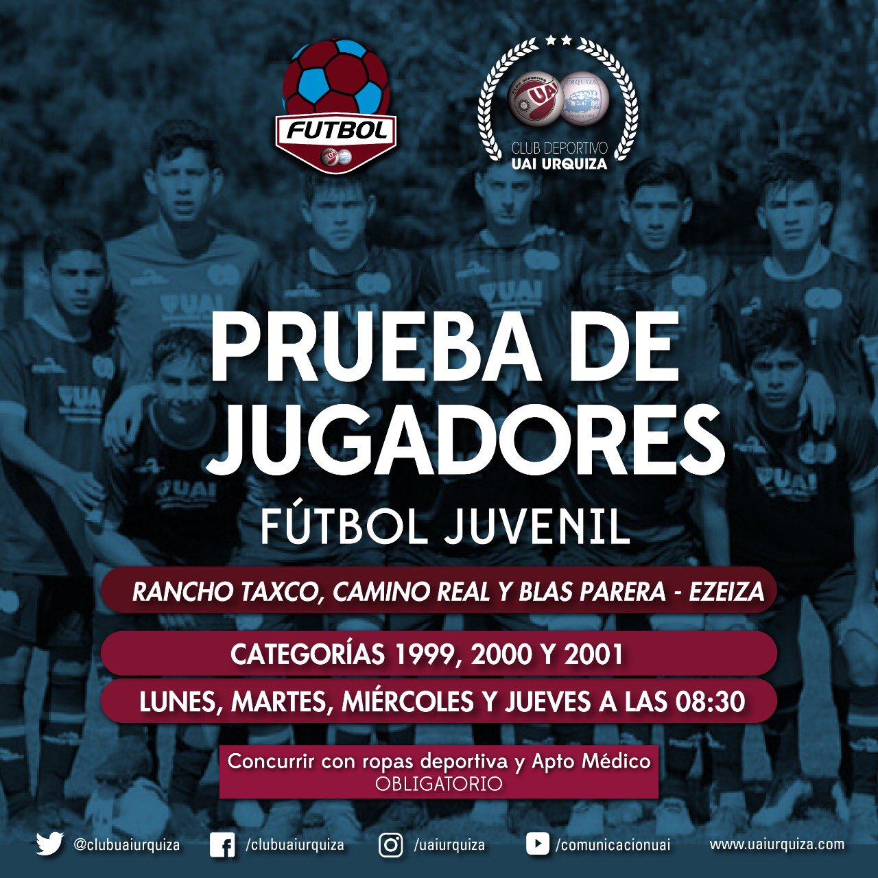 UAI Urquiza on X: [FÚTBOL JUVENIL] ⚽ ¡Sumate al Furgón! 🚂 UAI Urquiza  realizará pruebas de jugadores cat. 99, 2000 y 2001. Toda la información,  acá 👇🏼  / X