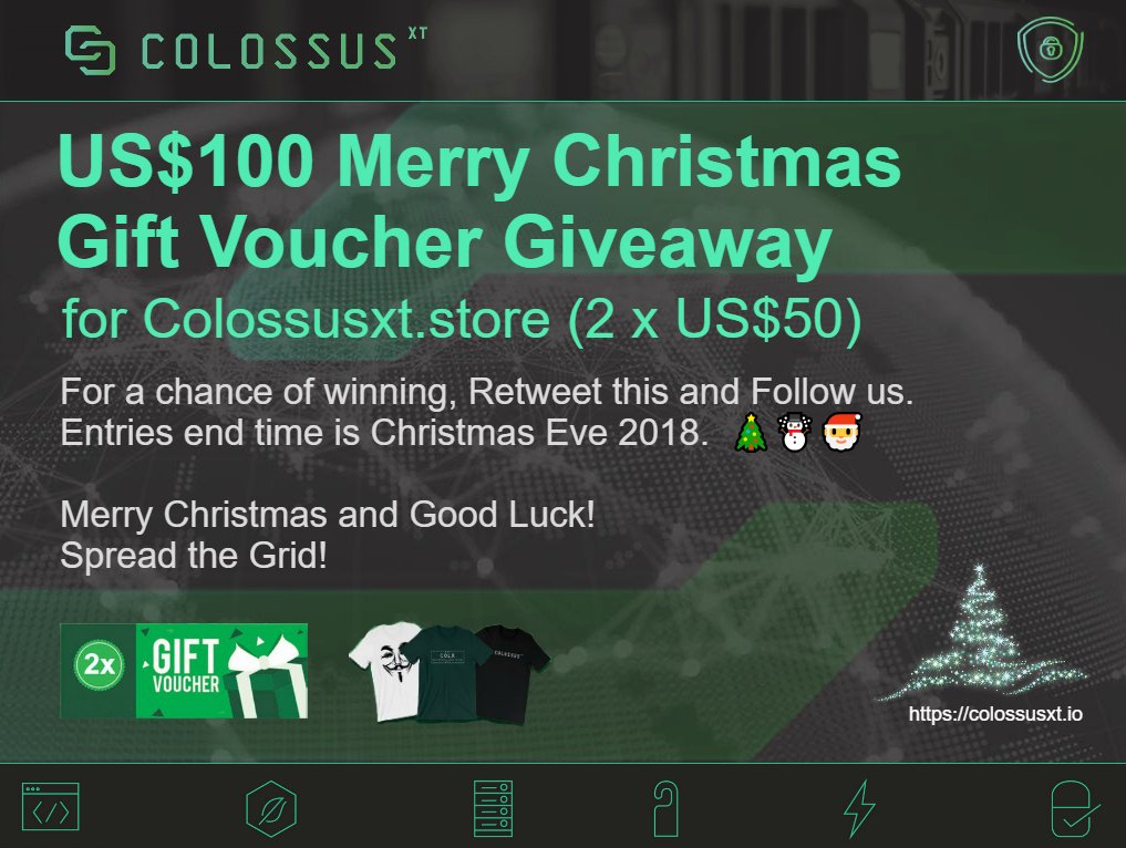 ColossusCoinXT's tweet photo. US$100 Merry #Christmas #Giveaway for https://t.co/Bv0nWkpb4t (2 x US$50).

For a chance of winning, Retweet this and Follow us. 

Entries end time is Christmas Eve 2018 🎅🎄. Good Luck!

$COLX Infos: https://t.co/JjMK1eem4a 

#cryptocurrency #btc #colx #colossusxt #spreadthegrid https://t.co/G7E10eTd01