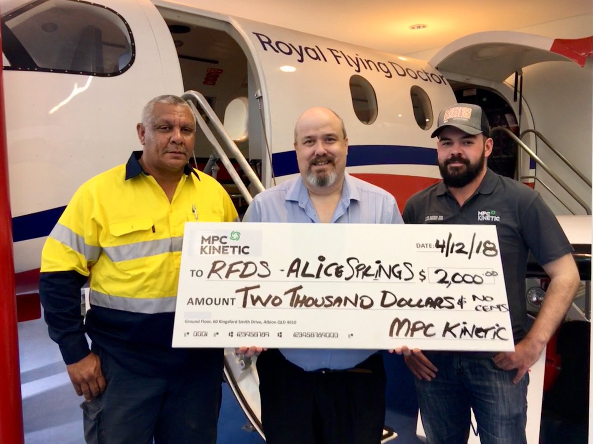 MPCKinetic's tweet image. Our team on the Tanami Pipeline Project had the pleasure of visiting the Royal Flying Doctor Service in Alice Springs and presented them a $2,000 cheque for the amazing work they do in rural and remote Australia. 
#mpckinetic #outbackaustralia #rfds #royalflyingdoc #community