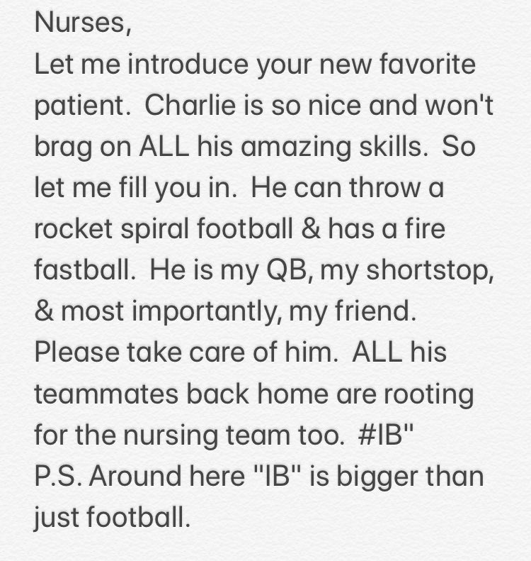 This is a note that was written to the Nurses of Charlie Whitten by one of his classmates. #charliestrong