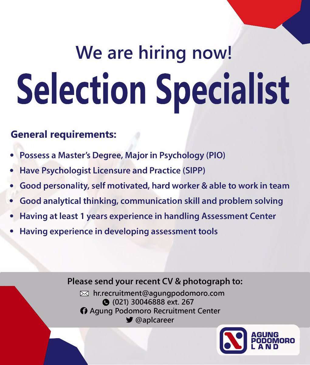 agungpodomoro-career (@aplcareer) on Twitter photo Hello #amazingpeople! We're currently looking for Selection Specialist. If you feel you meet the criteria, send your CV now! <a href="/ask_event/">ASK EVENT</a> <a href="/LokerIndonesia/">Loker Indonesia</a> <a href="/JobsDBIndonesia/">jobsDB Indonesia</a> <a href="/LowonganKerjaID/">Lowongan Kerja</a> <a href="/LokerDir/">Lowongan Kerja Indonesia</a> <a href="/KaskusLoker/">Kaskus Loker</a> <a href="/infojakarta/">@InfoJakarta</a> @InfoJKT_Pusat @InfoJKT_Selatan Hello #amazingpeople! We're currently looking for Selection Specialist. If you feel you meet the criteria, send your CV now! <a href="/ask_event/">ASK EVENT</a> <a href="/LokerIndonesia/">Loker Indonesia</a> <a href="/JobsDBIndonesia/">jobsDB Indonesia</a> <a href="/LowonganKerjaID/">Lowongan Kerja</a> <a href="/LokerDir/">Lowongan Kerja Indonesia</a> <a href="/KaskusLoker/">Kaskus Loker</a> <a href="/infojakarta/">@InfoJakarta</a> @InfoJKT_Pusat @InfoJKT_Selatan