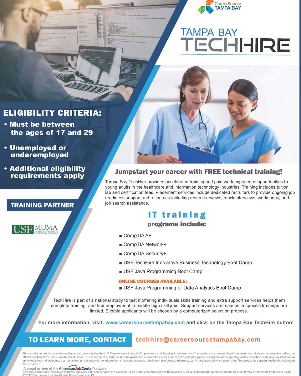 CareerSourceHP's tweet image. TechHire provides innovative, NO COST, tech training in the IT and healthcare industries. Contact India Stallings at (813) 397-2059 or stallingsi@careersourcetampabay.com. 👍 👔 💻 📕 

#TechHire #techtraining #thefuture #usftech #careersource #youngadult #Java  #WebDeveloper