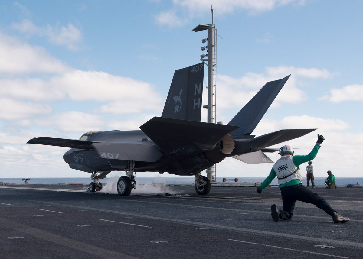 #USNavy F-35C Lightning II aircraft from Strike Fighter Squadron #VFA147 conduct flight operations aboard #USSCarlVinson in the Pacific. #NavyLethality #FlyNavy