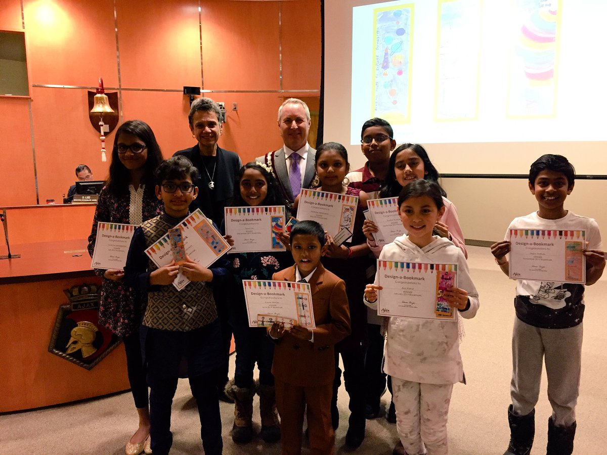 Mayor Collier &amp; Chief Librarian and Executive Officer Donna Bright present this year’s Ajax Public Library Bookmark 📚 🔖 Contest winners. 

Congratulations to each of the 12 winners on your winning designs!