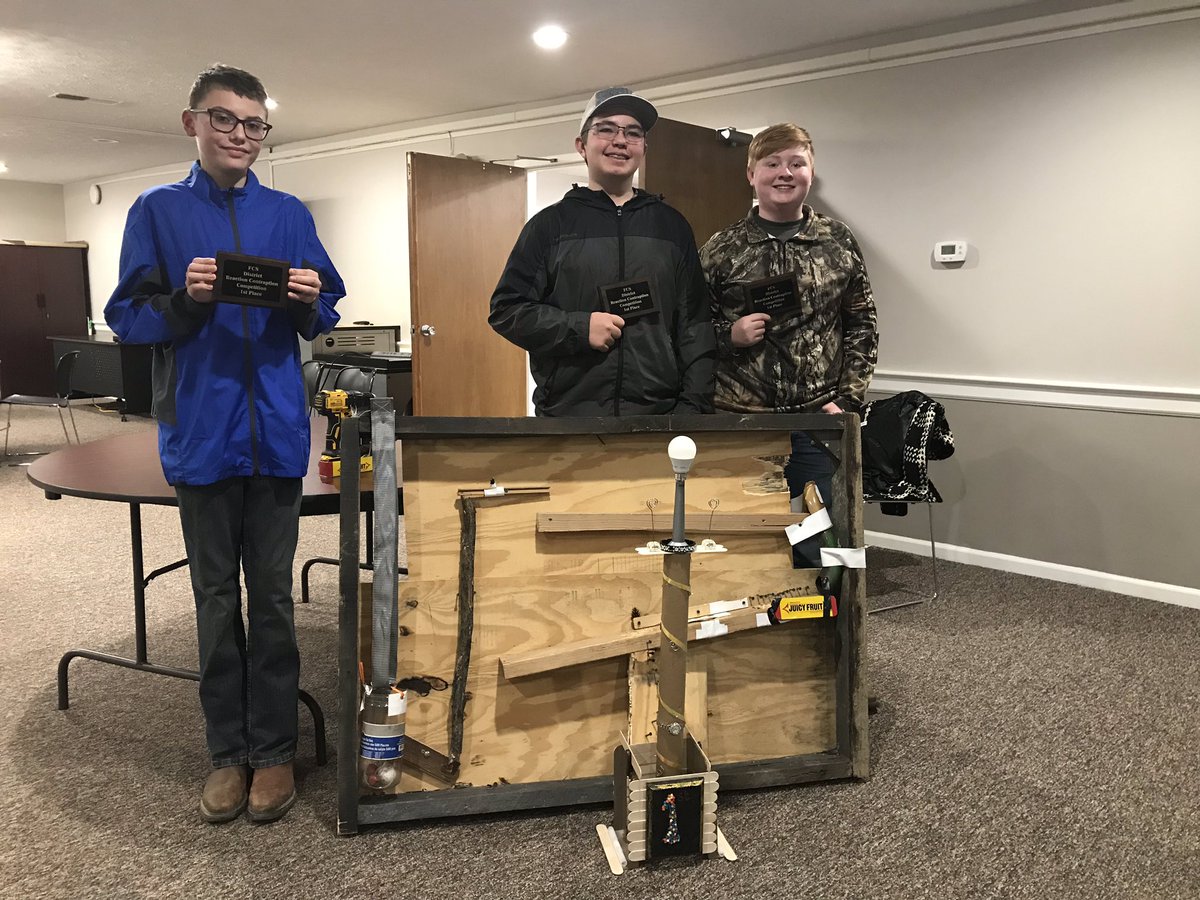 AntlerAlerts's tweet photo. EMS is Mighty once again! Congratulations to Bailey Banks, Jacob Lines, and Clayton Ortwein for winning the 2nd Annual FCS Reaction Contraption Competition. #MightyGettingMightier #OneTeamFCS #FCSNoLimits https://t.co/JinliMjPp0