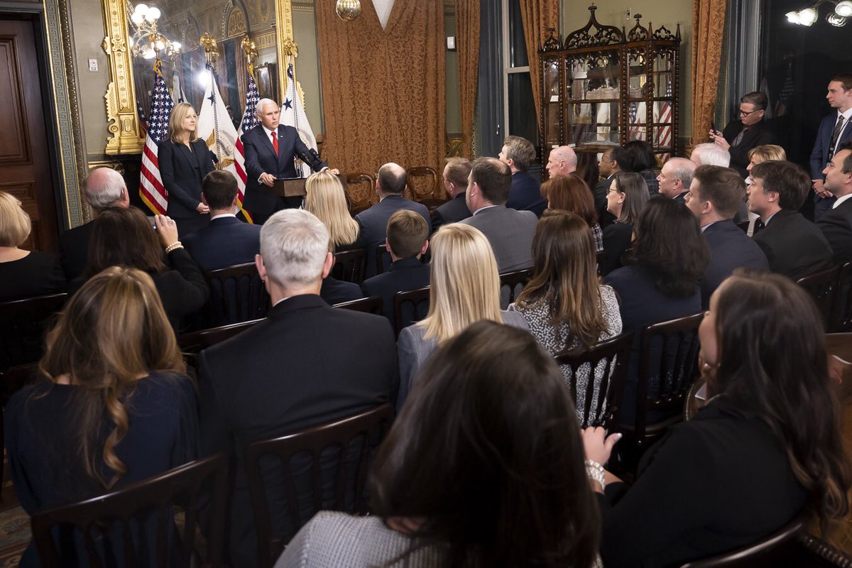 VP45's tweet photo. Honored to swear-in Kathy Kraninger as the Director of the @CFPB. She has stepped up to serve our country by restoring government accountability &amp; PROTECTING American consumers from harm. Congratulations, Kathy! https://t.co/1ZXAPHBXcF
