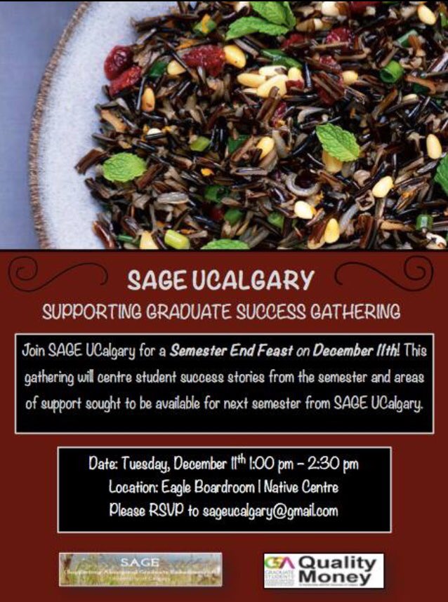 sageucalgary's tweet photo. Join SAGE UCalgary and peers for the Semester End Feast! Tomorrow from 1-2:30pm in Eagle Boardroom. https://t.co/lmVBKmJJlL