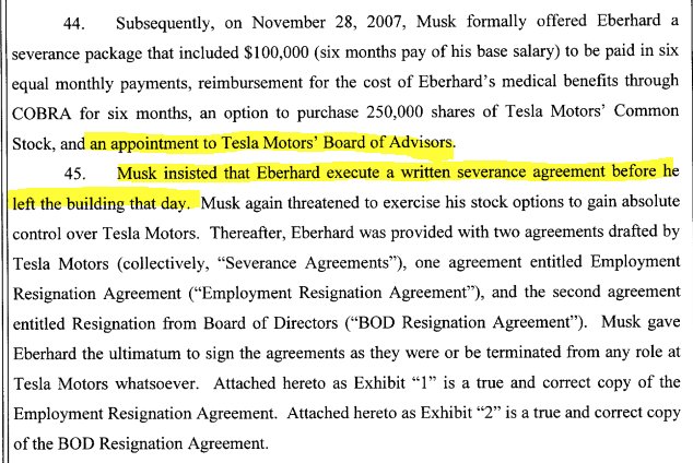 10/ Eberhard was offered a position of the Board of Advisors and was made to sign the severance agreement before he left that day  $tsla  $tslaq