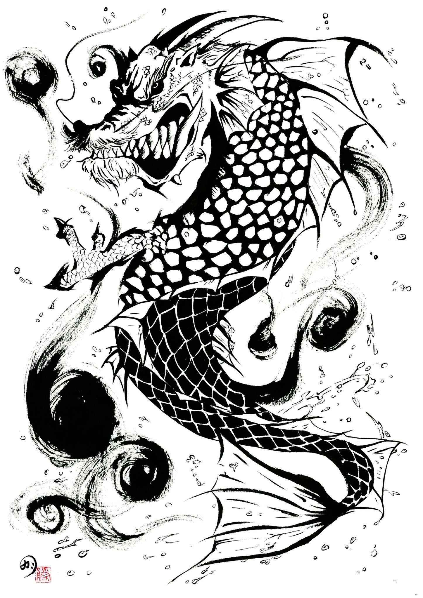 墨絵画家カツ Katsu Ar Twitter 登竜門 ご依頼作品 B4サイズ 鯉の滝登り 逆流に立ち向かい 登りきってこそ 鯉は竜へと姿を変える 登りきれてこそ意味がある 極端に 生か死か みたいな表現 そんな作品 強い意思と覚悟の表れだと思う 墨絵 アート