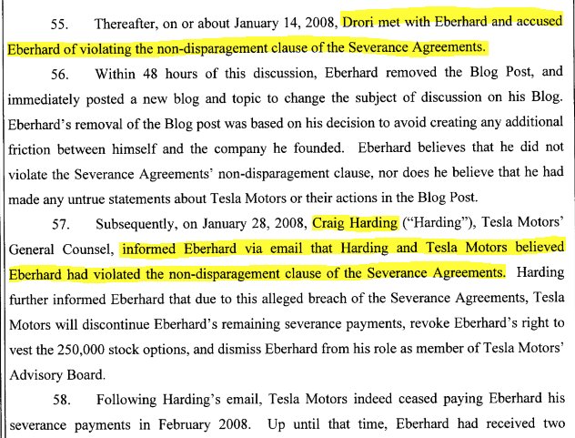 12/ Eberhard then wrote a blog post that  $tsla claimed as disparaging and determined that he violated the non-disparagement clause and terminated the agreement. If only Elon and Tesla took disparagement as seriously today...  $tslaq