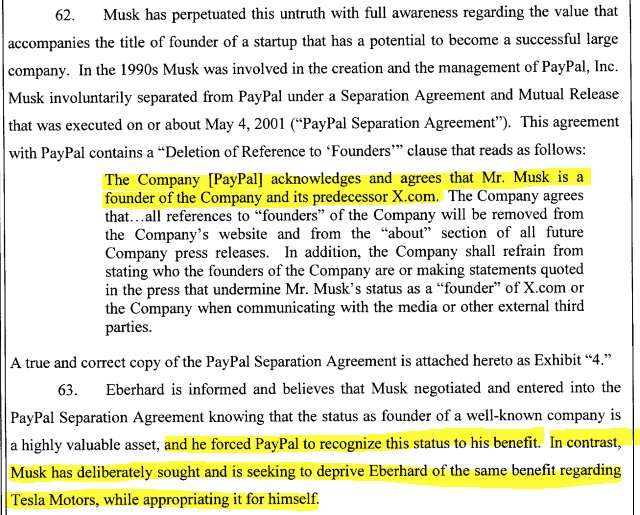 13/ On top of that, Elon continued to call himself founder and creator. He allegedly knew the value of these claims since he protected himself against this very act in his PayPal agreement  $tsla  $tslaq