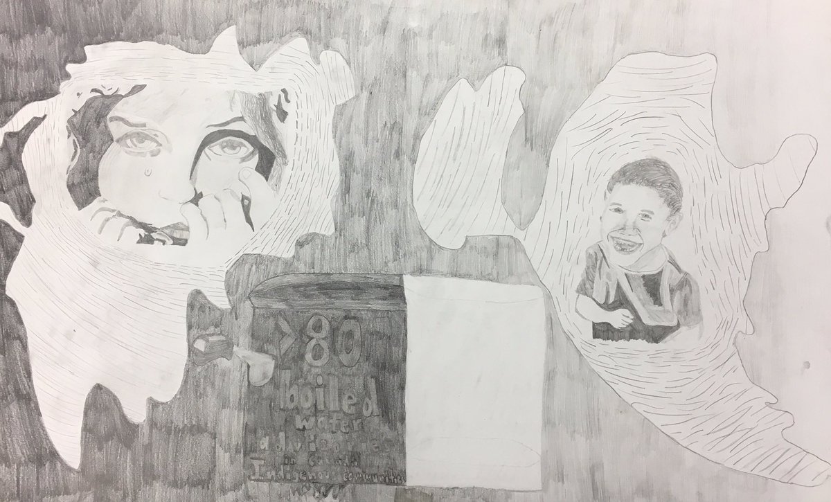 MsMckibbin's tweet photo. LC’s grade 9s (NAC 1O) continue to blow my mind with their talent and compassion as they research and honour issues such as MMIW and the long lasting water crisis in Indigenous communities. Their art calls for awareness and action. #LCVI https://t.co/bukkxJ4ApE