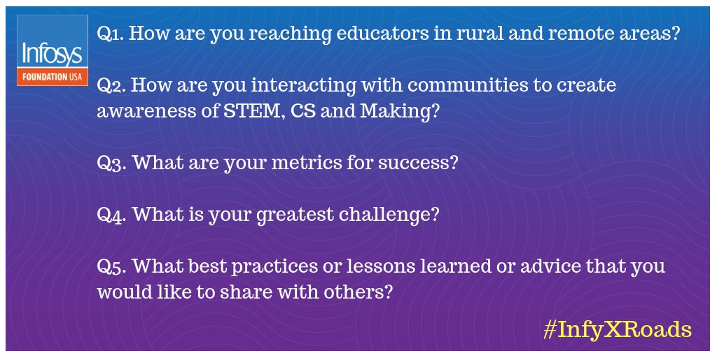 Oh no!! Our time is up.  :-(  This was great everyone! For future reference, here's a list of all the questions we addressed tonight. #InfyXRoads #cs4rural