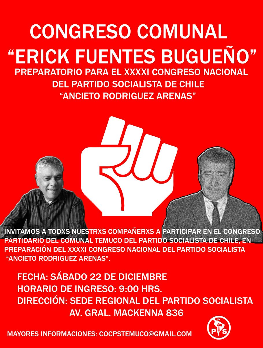 PSCTemuco's tweet photo. Hacemos extensiva la invitación a nuestrxs militantes a participar en el congreso comunal Erick Fuentes Bugueño. #congresoPSTCO #XXXXICongresoPSCh https://t.co/UE5nLU44uZ