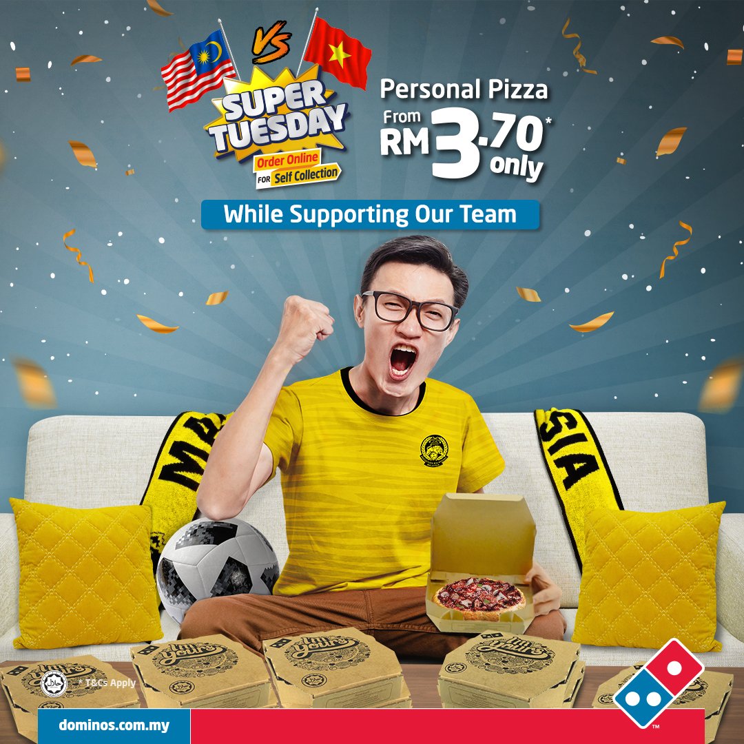 DominosMY's tweet photo. Pass the ball!⚽️ Shoot! 🥅 GOOAAL! 🏆 Fuel your football cheers &amp; chants with our Super Tuesday pizza deal from RM3.70 only*! For an extra kick, add on RM2.20 to get our #PulledMeat pizzas! Score this deal now! https://t.co/jdhiqPn527

* Available in Peninsular Malaysia for now. https://t.co/FqhGwb5tCT